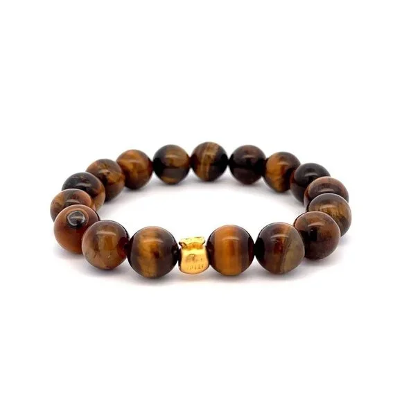24K Gold Money Bag Lucky Charm Bracelet Gemstones Tiger Eye Brown 10mm - Picture 1 of 5